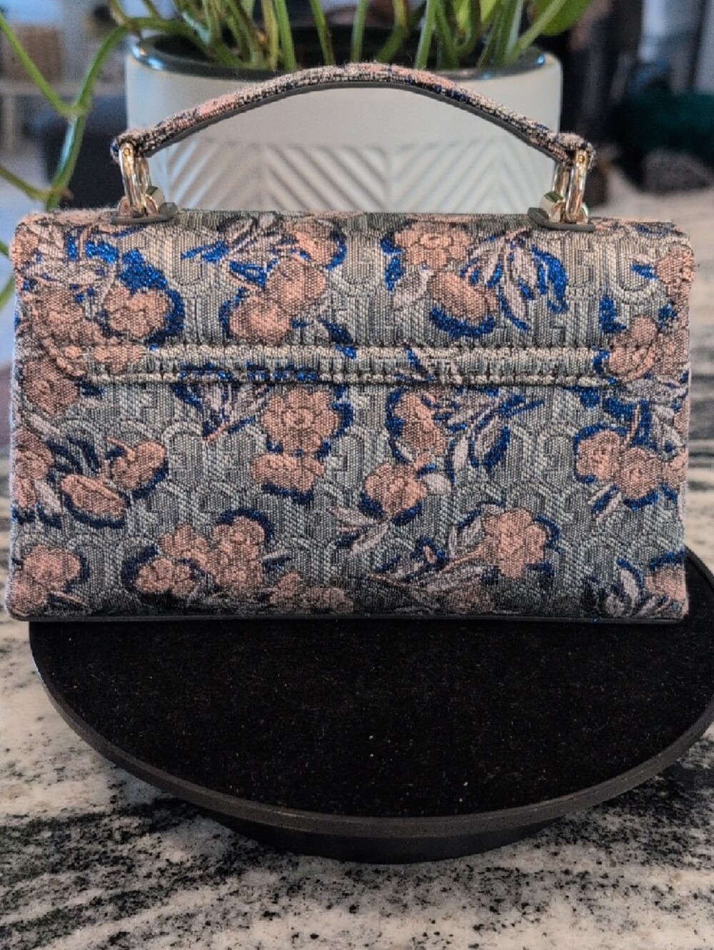 Floral Jacquard Top-Handle Bag in Blush and Blue - Picture 6 of 9